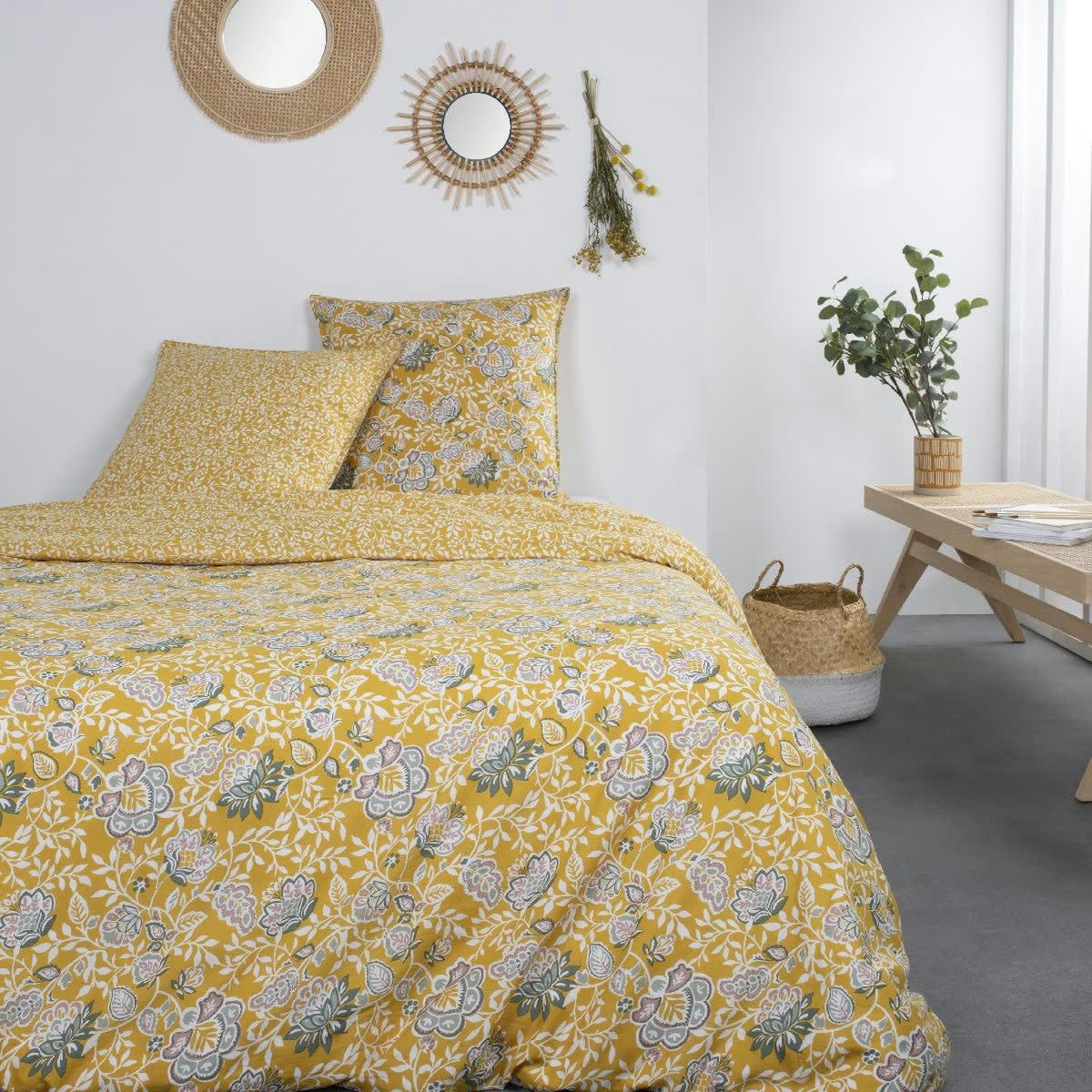 SHIVA INDIAN FLOWERS - Parure de lit floral en Coton Jaune 240x260 cm