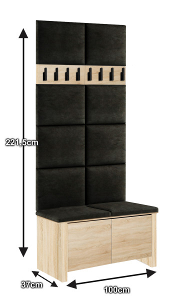 Zestaw Do Przedpokoju Scandic P8 Dąb Sonoma/Czarny 100X37X221,5 Cm Welur
