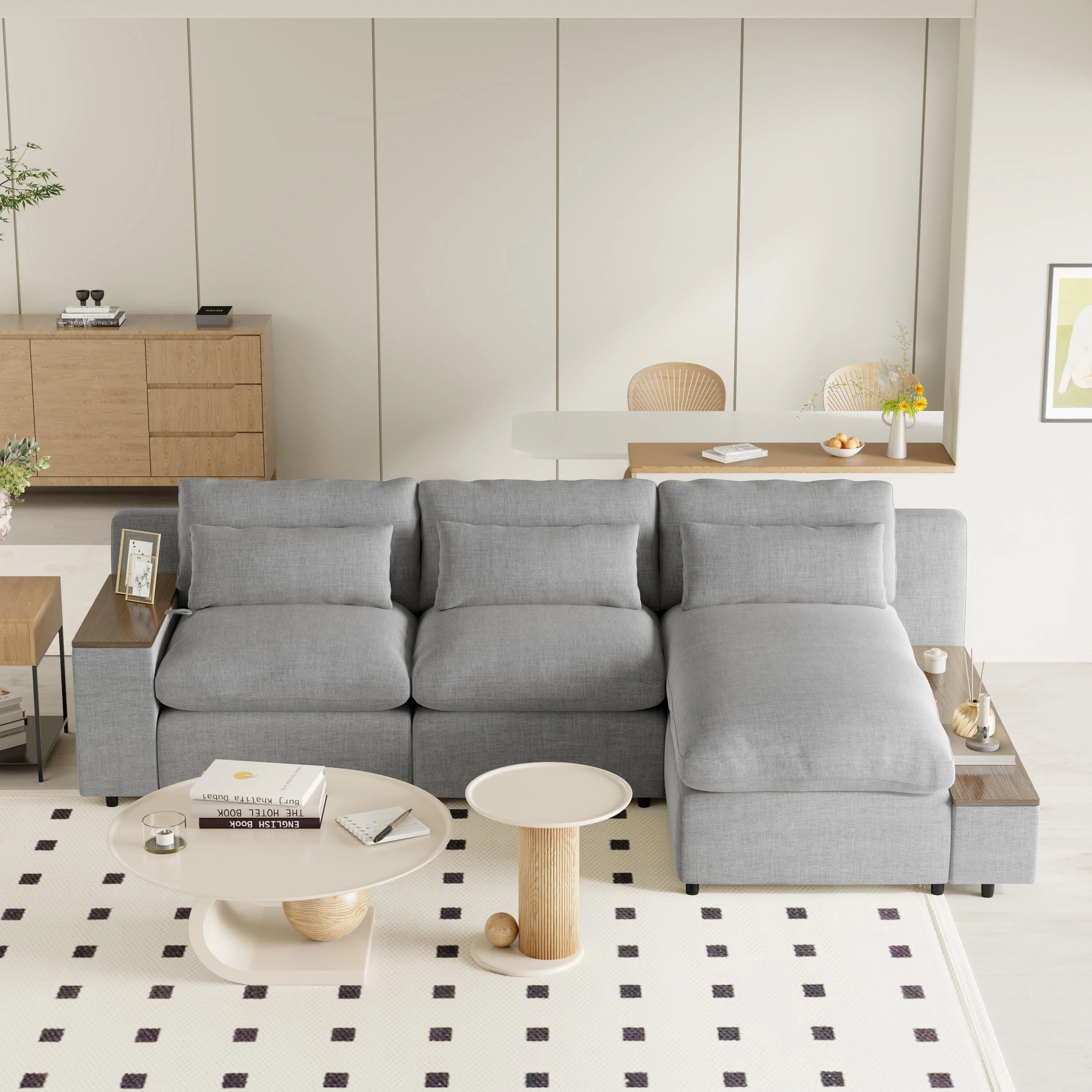 Grey 109.8'' L-Shaped 3-Seat Modular Sectional Sofa with Removable Cushions and Two Storage Compartments for Easy Organization