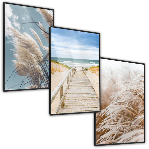 ZESTAW 3x Plakat w Ramie TRAWA Morze Plaża Pomost 30x40cm