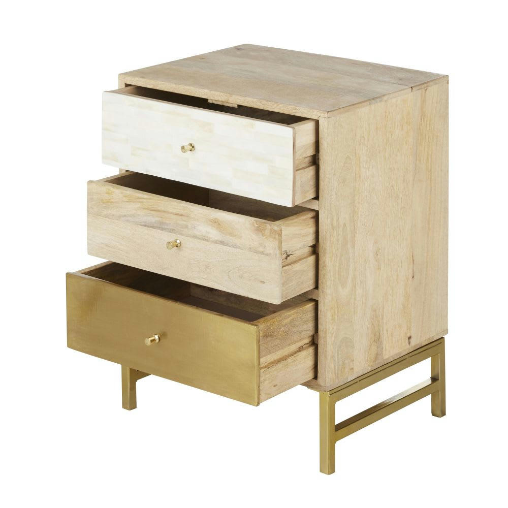 MARGUETI - Petit meuble de rangement 3 tiroirs, marron, blanc et doré