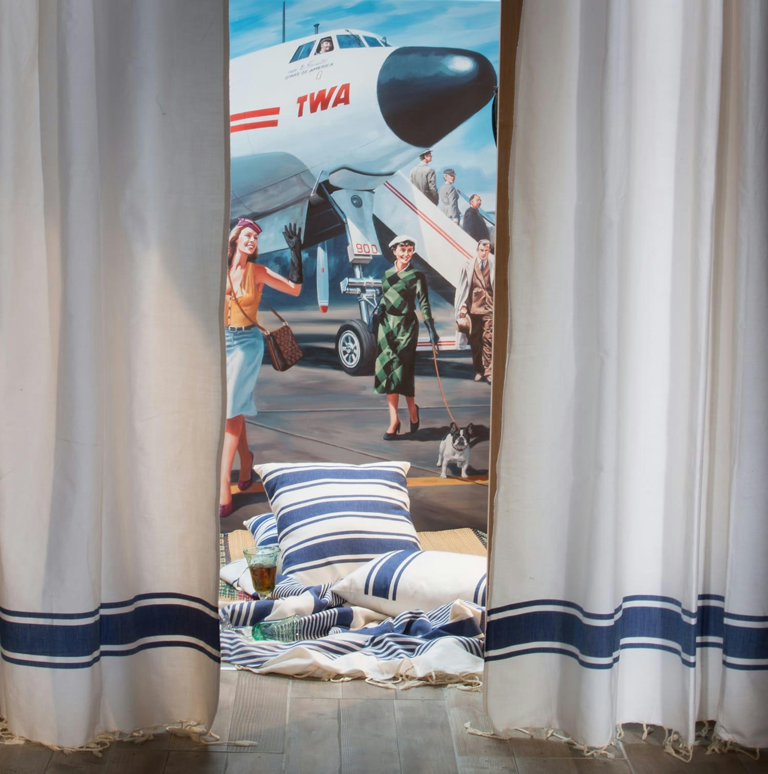 CASABLANCA - Rideau ajustable coton blanc et bleu roi 140 x 290 à 320