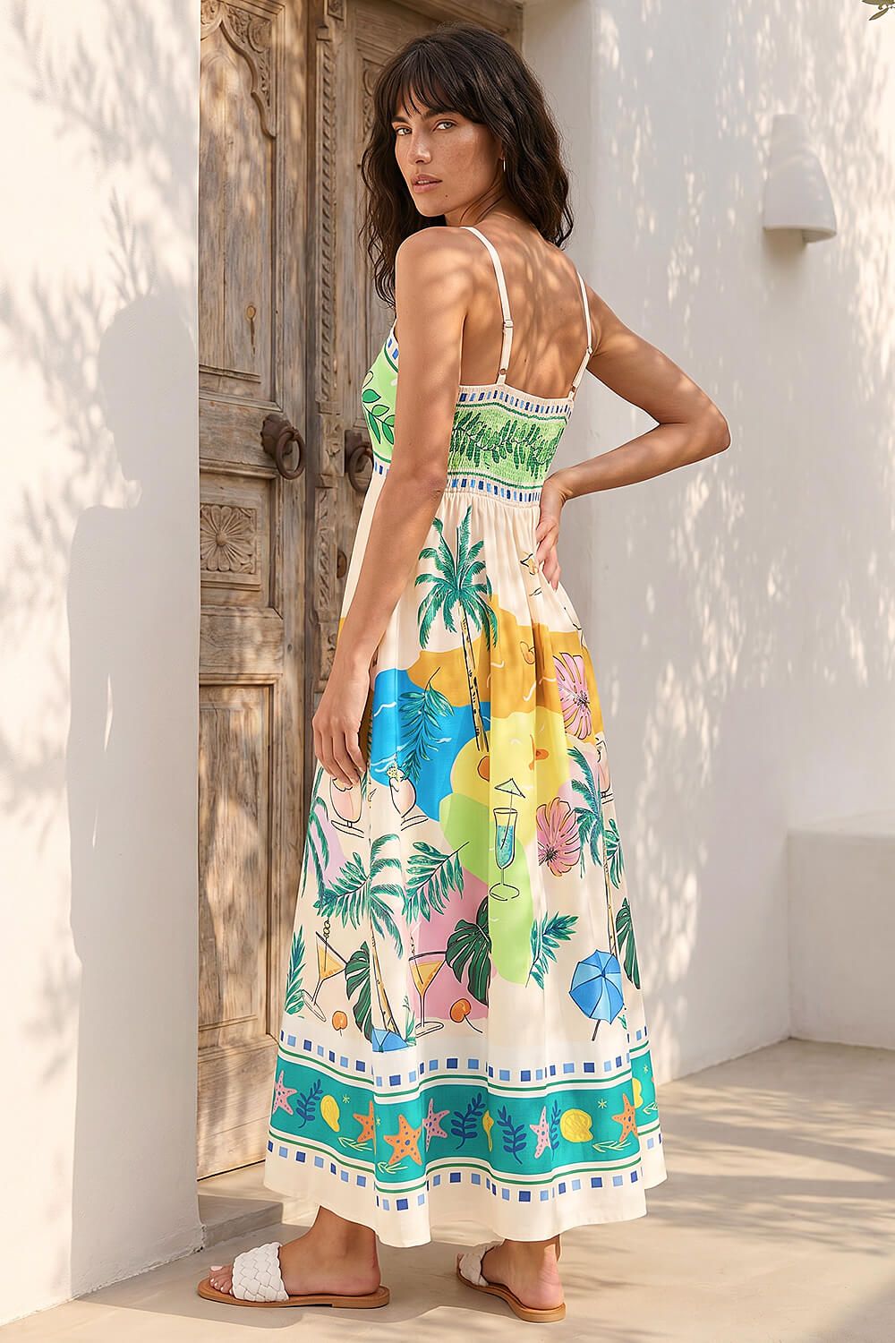 Roman Beach Print Strappy Midi Dress