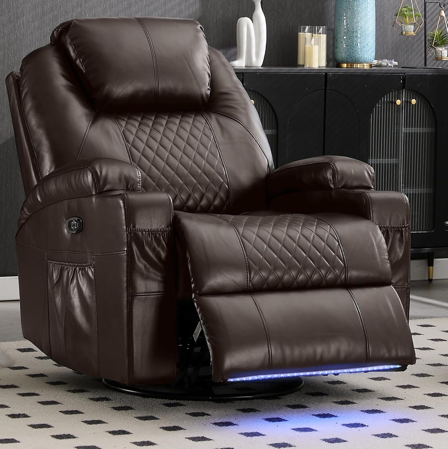 Power Swivel Rocker Recliner Chair for Adults - Rocking Recliner with Heat and Massage/Cup Holder/LED Lights/USB & Type-C Ports/Side Pocket for Living Room (PU Brown, 1-Seater)