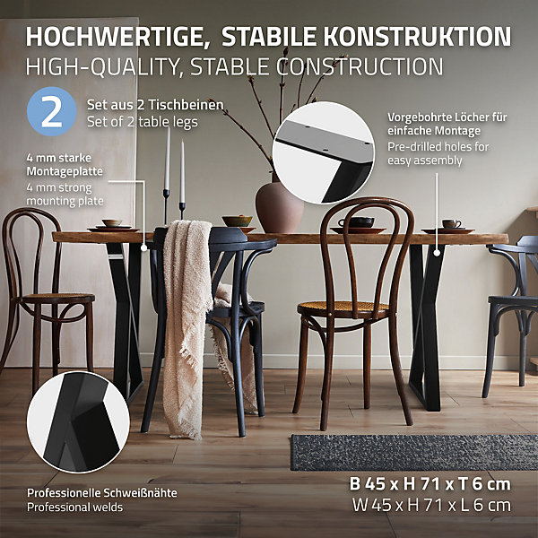 Lot de 2 pieds de table ML-Design forme de X 40x71 cm noir acier revêtu poudre design industriel