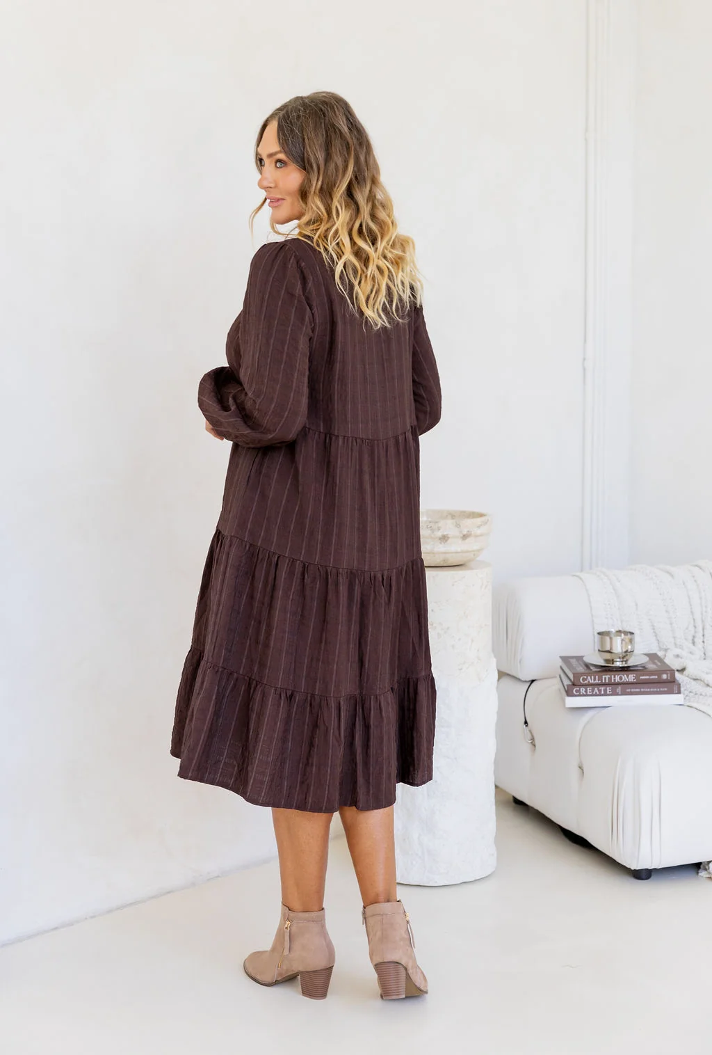 Long Sleeve Greta Midi Dress in Chocolate