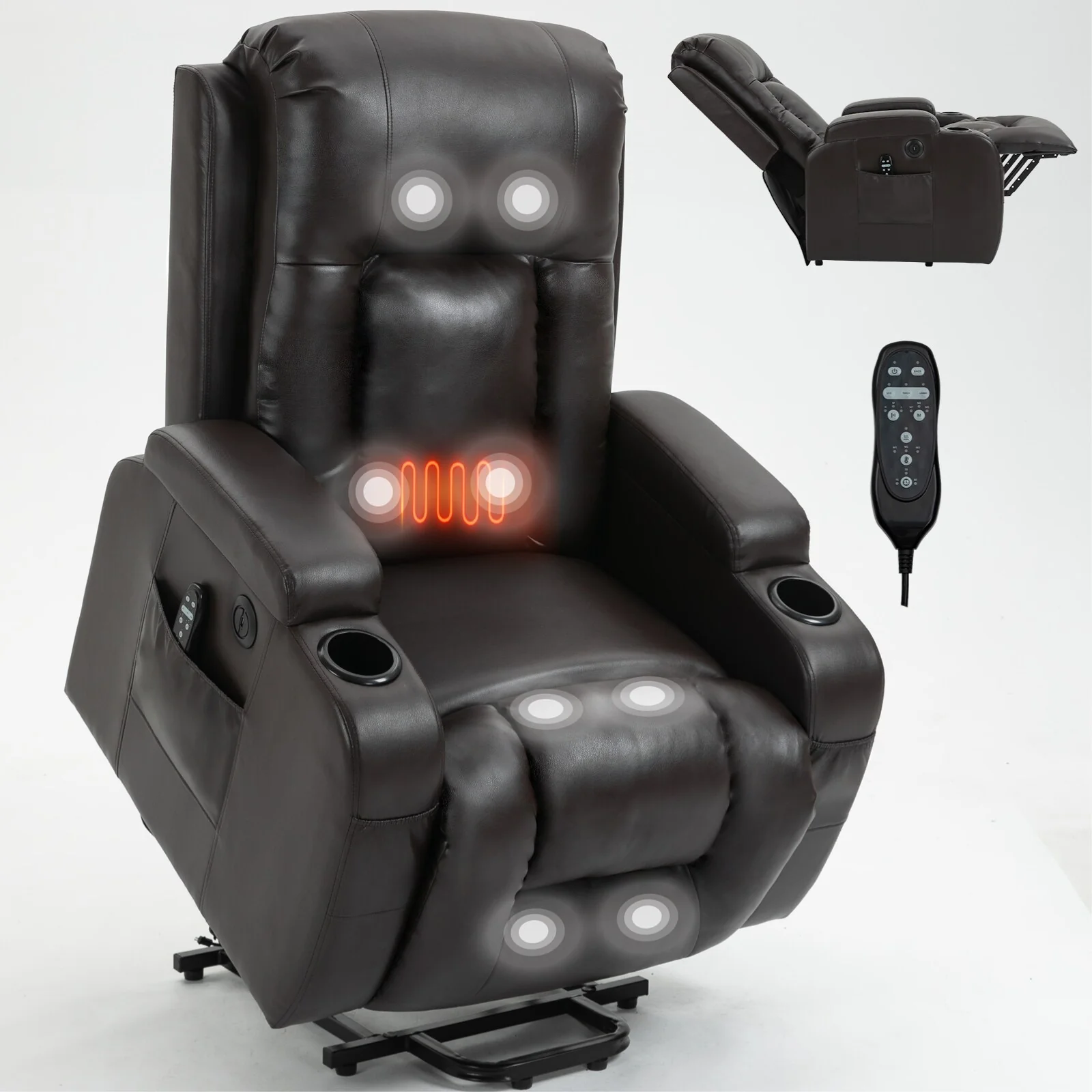 Black Power Lift Recliner with Massage, Lumbar Heat, USB, and Cup Holders