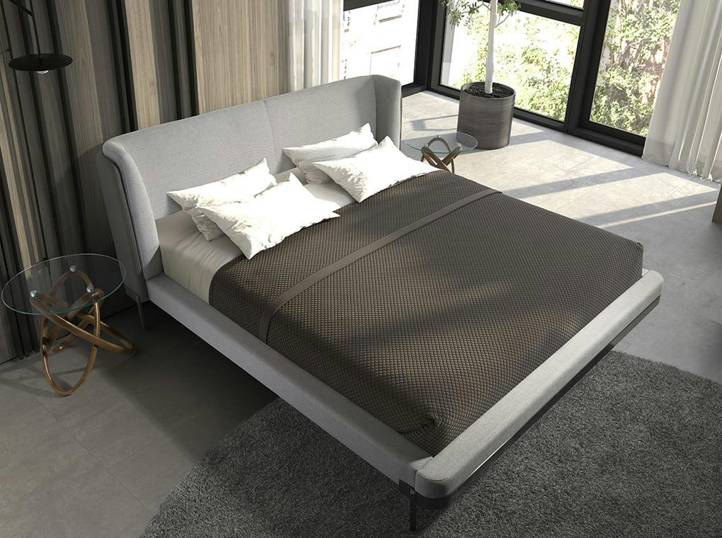 - Lit en tissu gris clair et croûte de cuir gris foncé