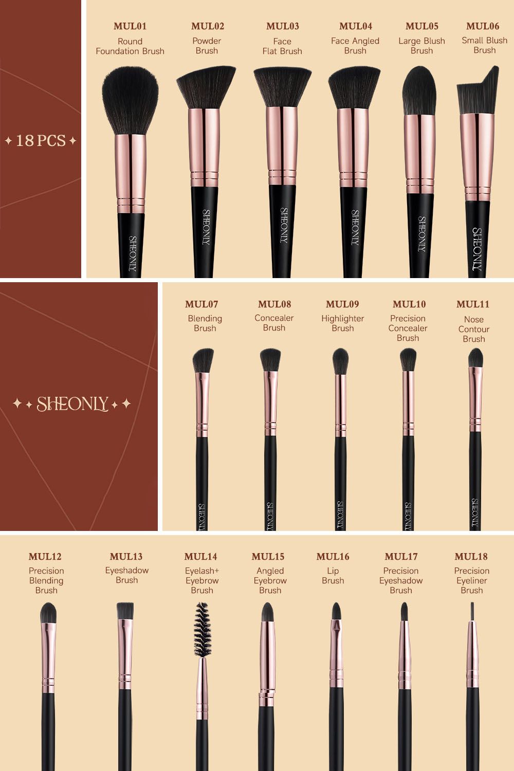 SHEONLY 18 Pcs Professional Makeup Brush Set For Gift with Makeup Tool