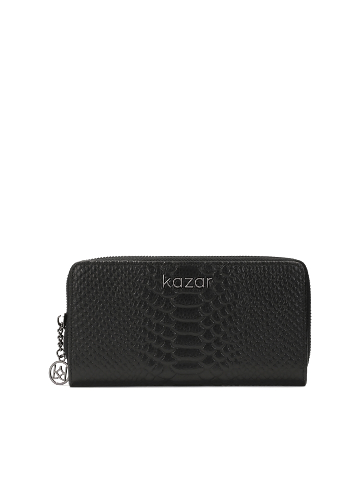 Women's embossed leather wallet with zippered closure