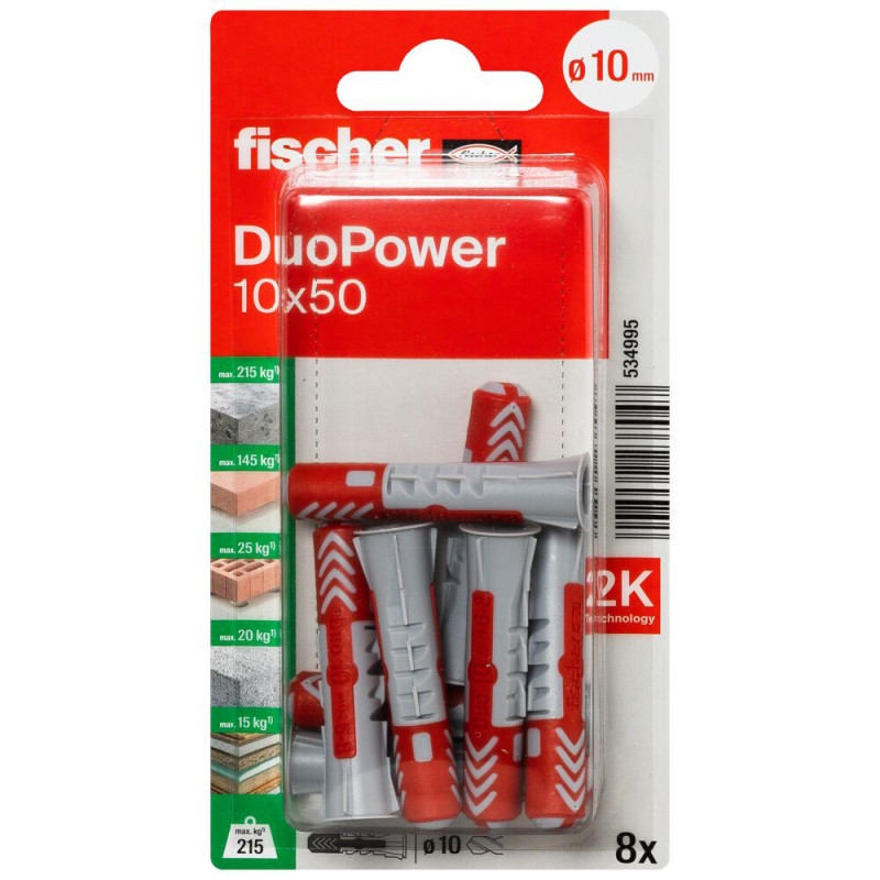 Cheville DuoPower en nylon avec collerette Ø 10 x 50 mm 8 pièces