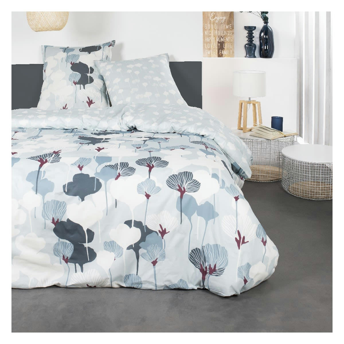 SUNSHINE FLAVI - Parure de lit 2 personnes imprimé en Coton Bleu 240x260 cm
