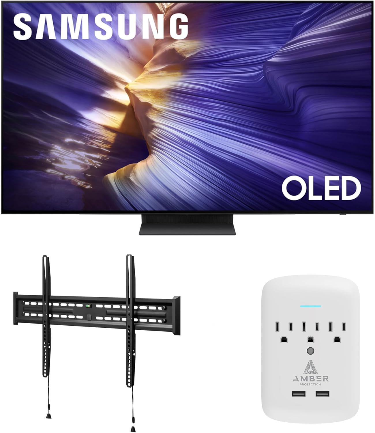 Samsung QN55S90FAFXZA 55 Inch 4K OLED Smart TV with a Walts FIXED-MOUNT-43-90 TV Mount for 43-98 TVs and Amber Protection 3-Outlet-Surge Surge Protector (2025)