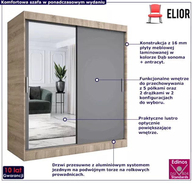 Szafa przesuwna dąb sonoma   antracyt 180 cm - Avtica