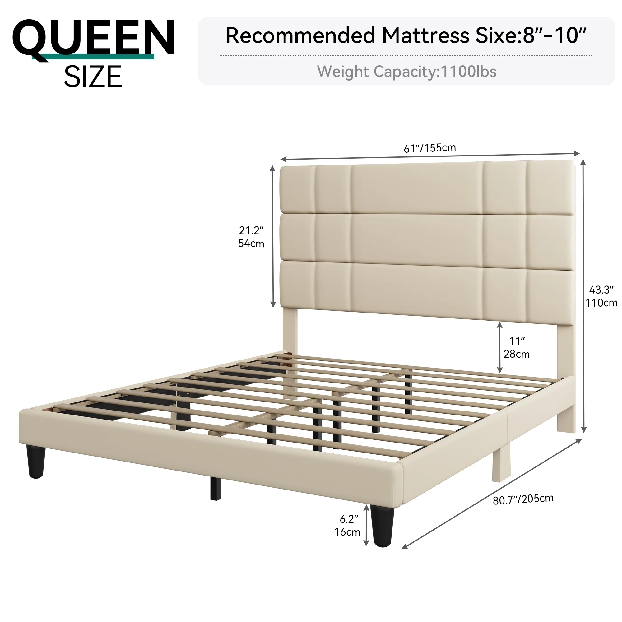 Moasis Queen/King Linen Upholstered Headboard Frame Platform Bed