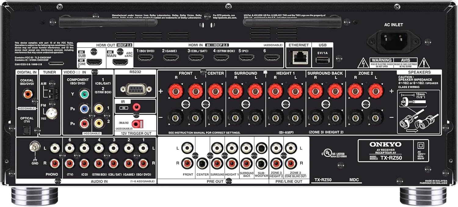 Onkyo TX-RZ50 9.2-Channel AV Receiver - 120 Watts Per Channel  Dirac Live Out of Box  Works with Sonos Certified  THX Certified and More