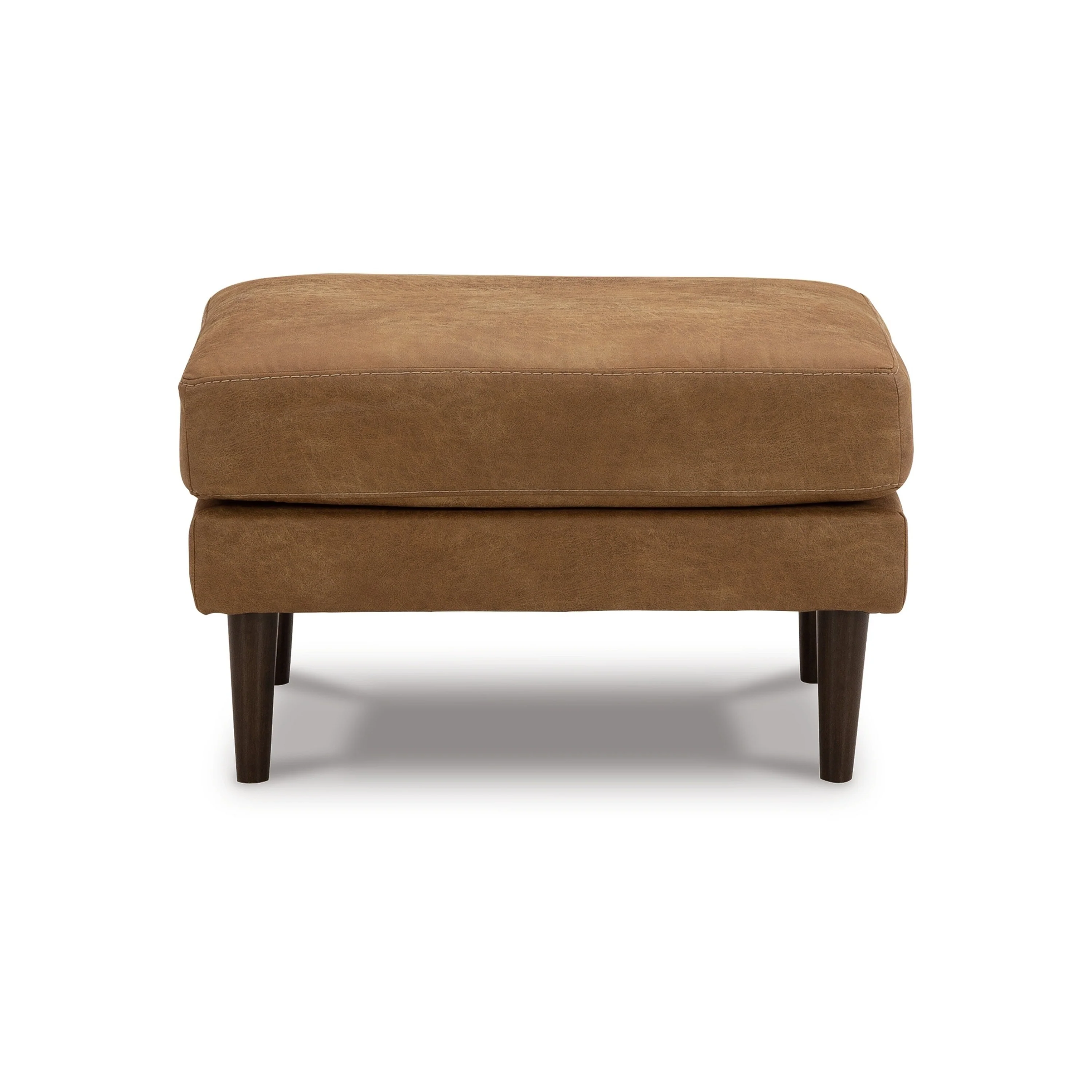 Tely Ottoman, Caramel Brown Faux Leather, Tapered Black Legs, 30 Inch