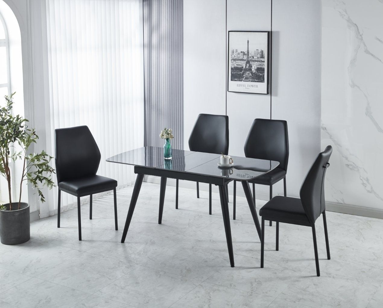 Modernique Sintere Stone Top Extending Table & 4 Faux Leather Chairs Dining Set