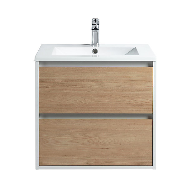 Ensemble Meuble prémonté 60 blanc effet bois-Vasque résine-Miroir ELY - bain-bain