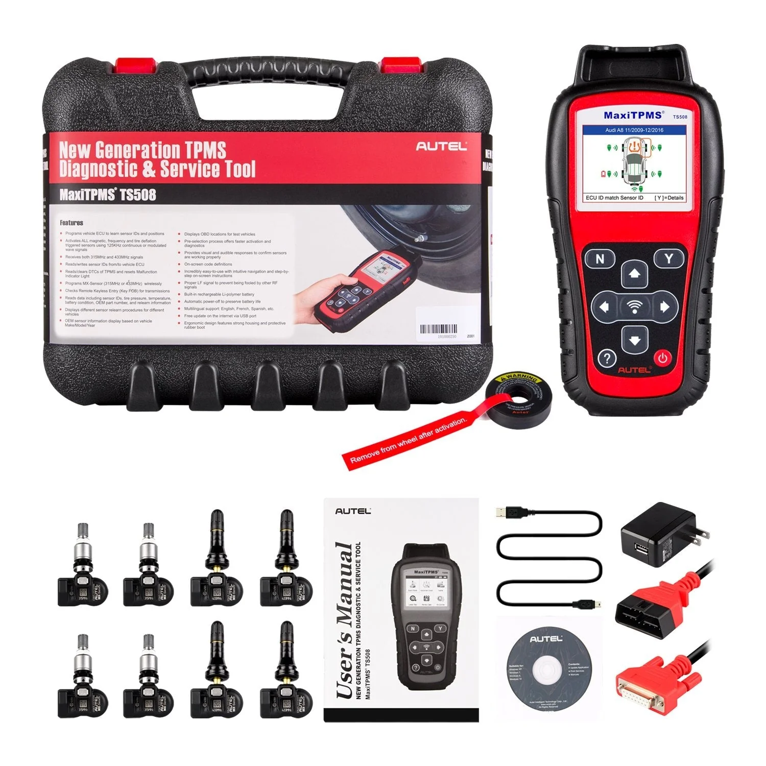 Autel MaxiTPMS TS508K TPMS Diagnostic Service Tool, Interchangeable valves with With 4 Pcs 315MHz MX Sensor  4 Pcs 433MHz MX Sensor