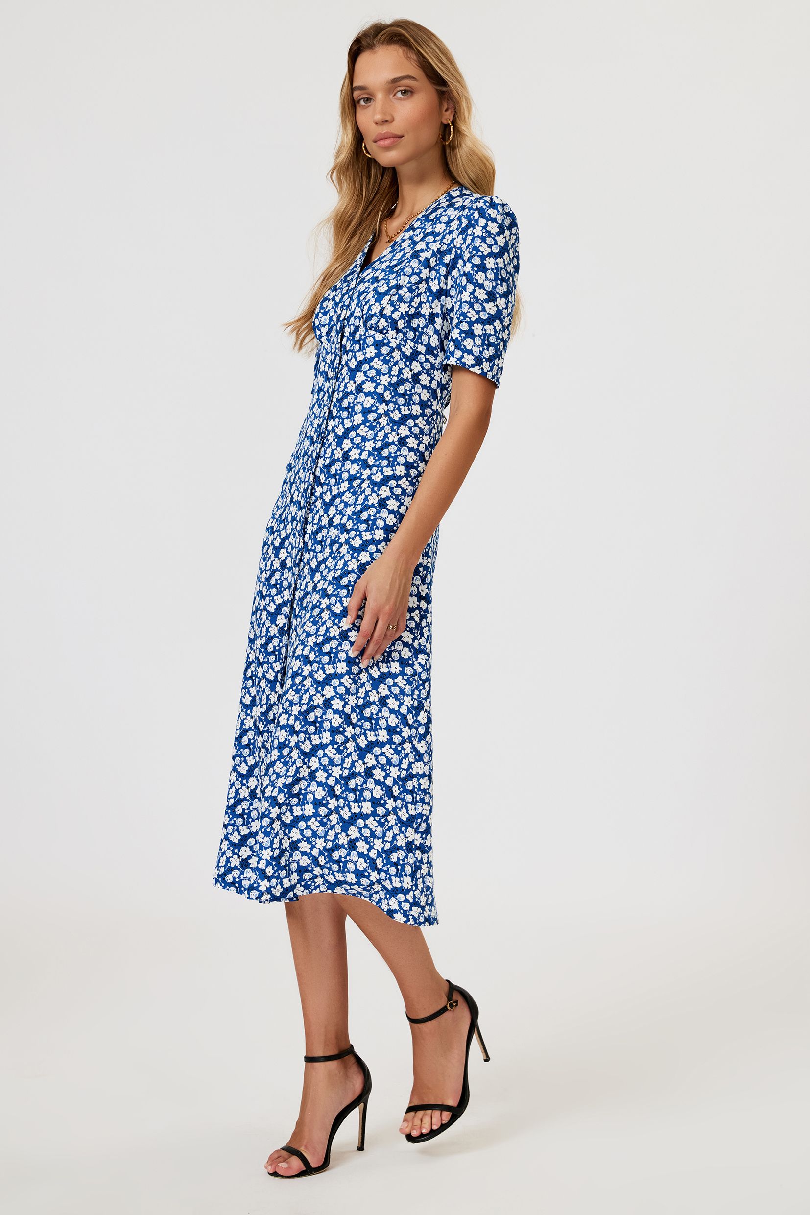 FS Collection Floral Print Button Front Midi Dress In Blue