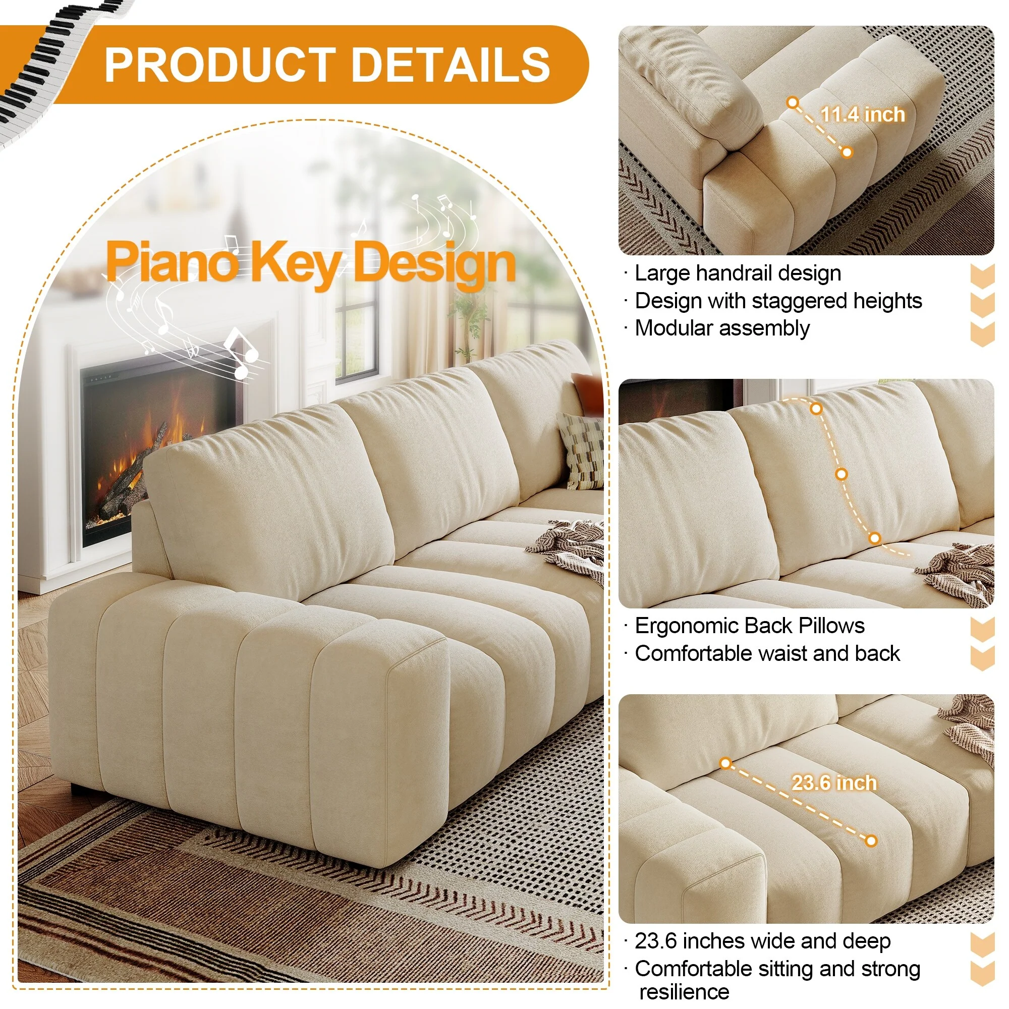 114 Wood 4-Seater Sofa with Solid Wood Frame, Stain-Resistant & Easy Clean, for Pet-Friendly Homes