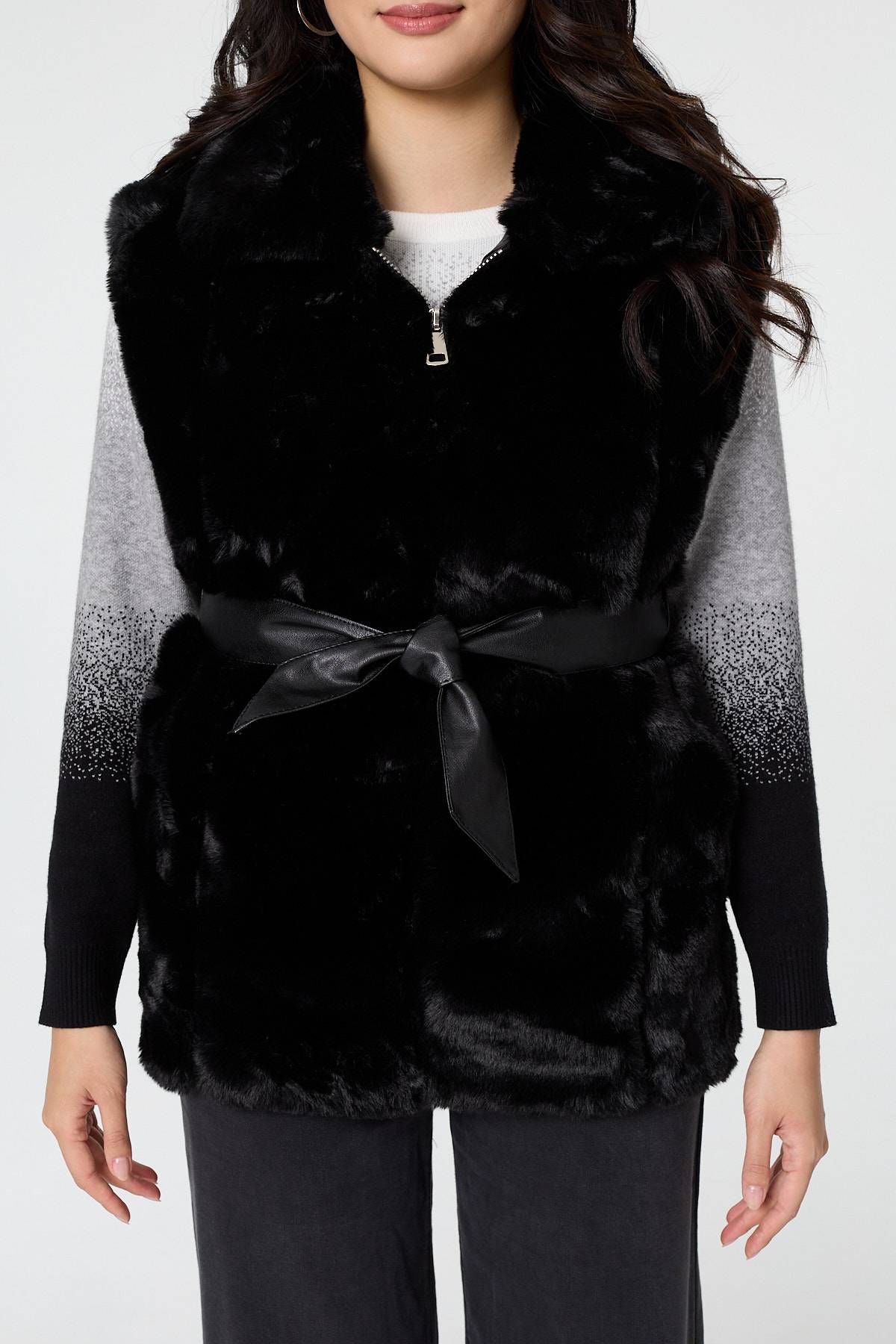 Izabel London Faux Fur Sleeveless Tie Waist Gilet