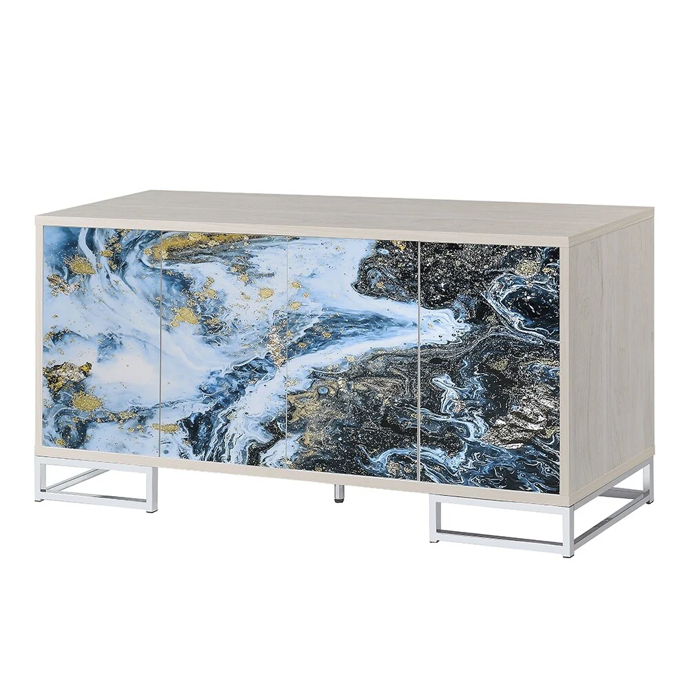 ACME Liam Console Cabinet, Blue Marble Paint & Chrome Finish