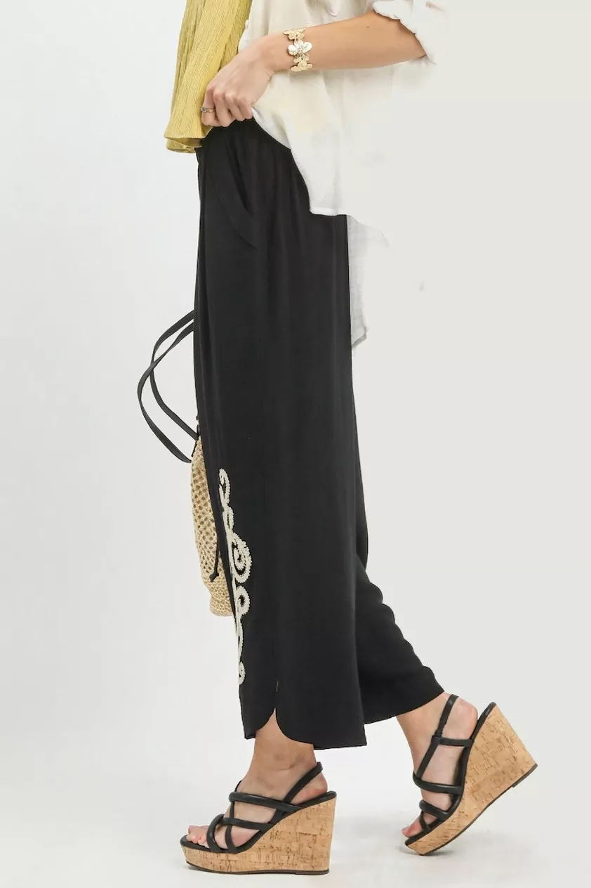 Linen Embroidered Wide-Leg Boho Pants