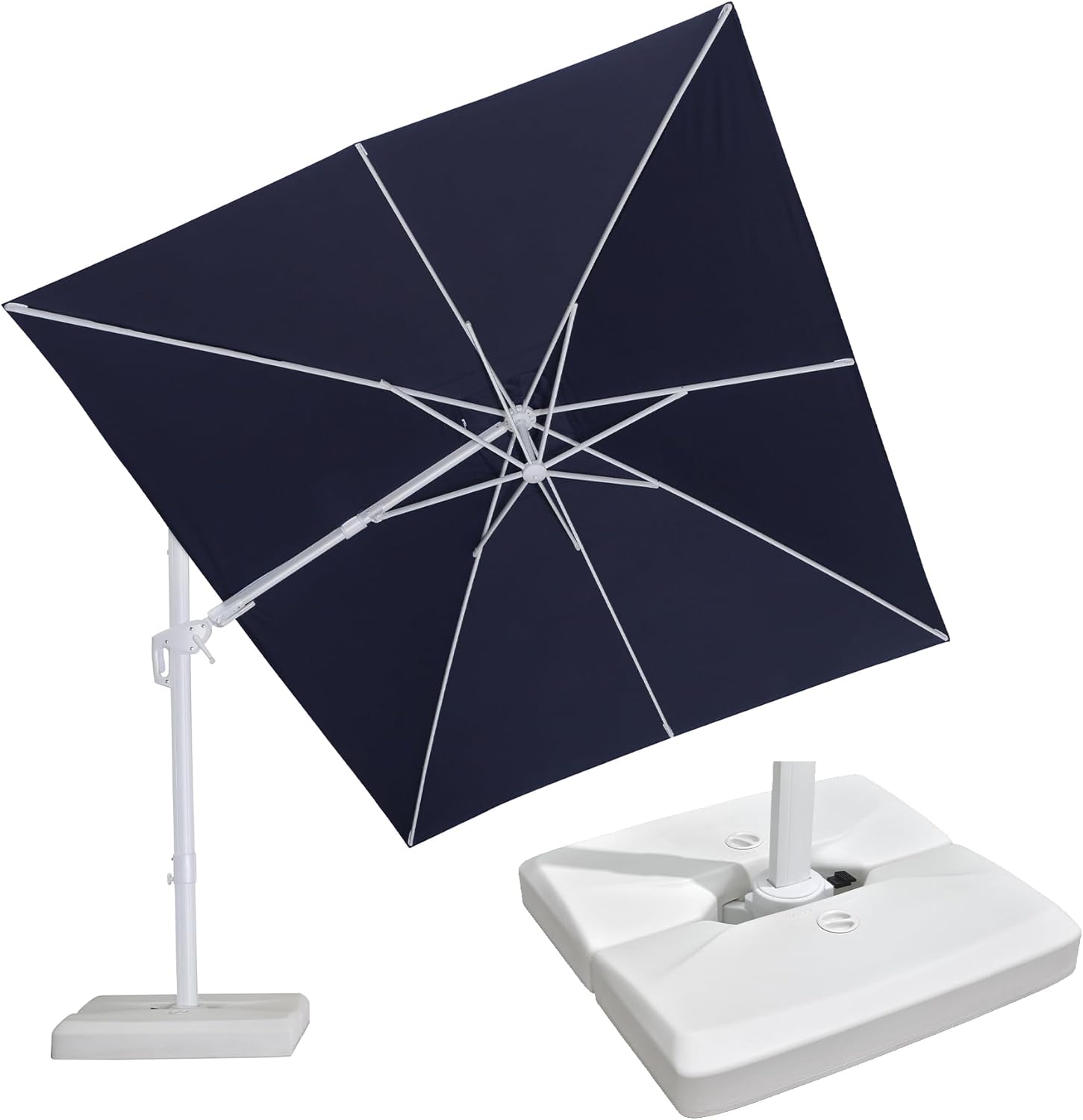 PURPLE LEAF 10 FT Right-left Tilt White Cantilever Umbrella with Base Patio Outdoor Swivel Umbrellas with Aluminum Tilt Offset Umbrella with 360° Rotation for Deck Pool, Navy Blue
