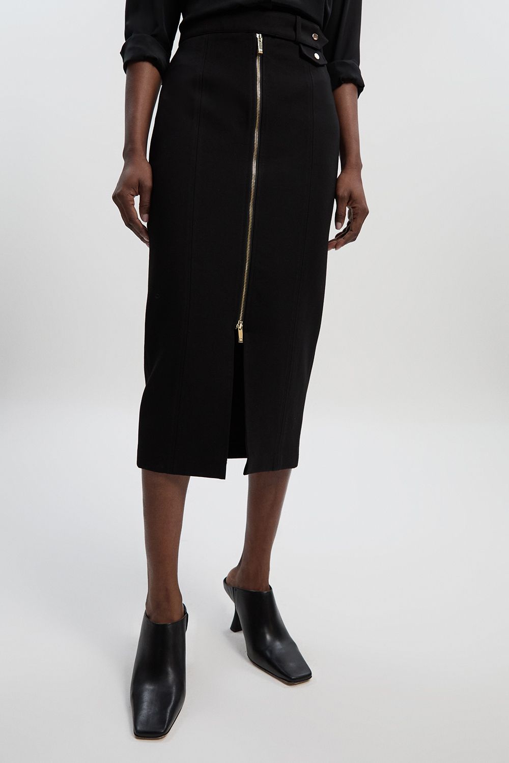 KarenMillen Ponte Front Zip Trim Detail Midi Skirt