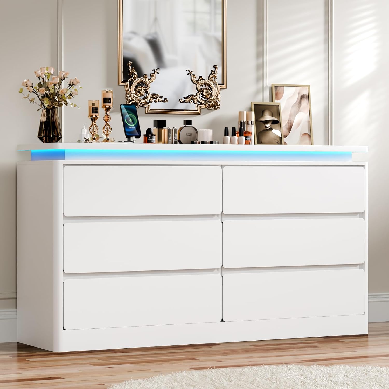 6 Drawer Dresser for Bedroom, 47.2 Long White Chest of Drawers with Charging Station & LED Lights,Curved Profile Design,Double Wooden Closet Storage Cabinet,Modern Dresser TV Stand with Deep Drawers
