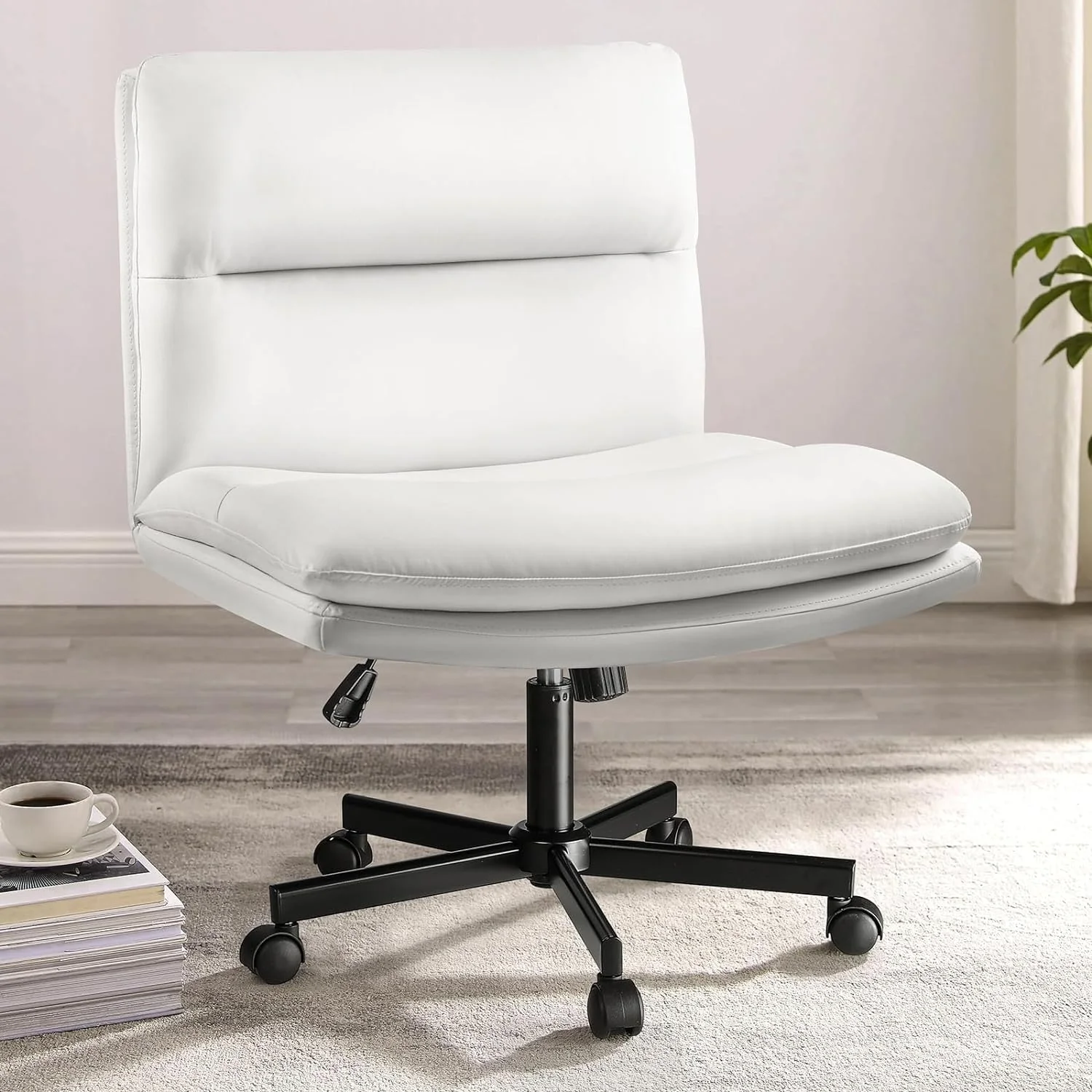 Bossin Criss Cross Chair with Wheels,PU Leather Armless Cross Legged Office chair, Adjustable Wide Seat Task Vanity Chair