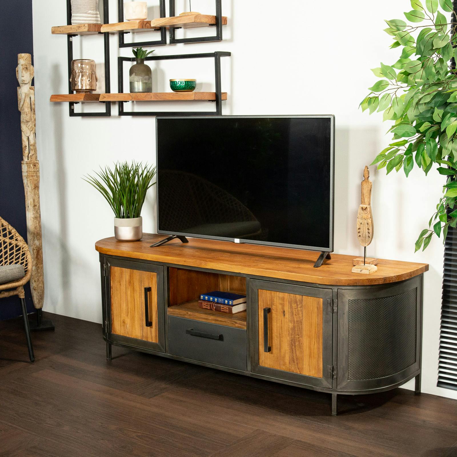Meuble tv bois de teck métal ajouré CHICAGO