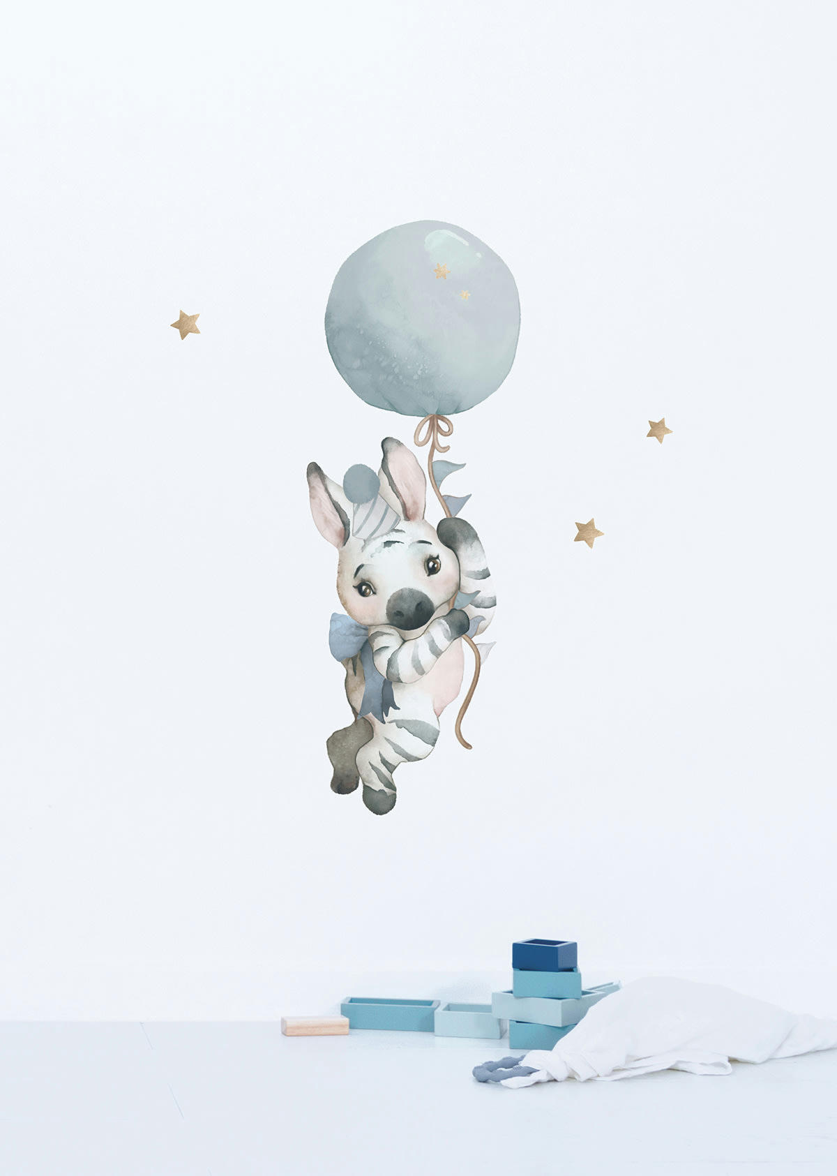 SELENE - Grand sticker le zèbre et son ballon en vinyle mat bleu