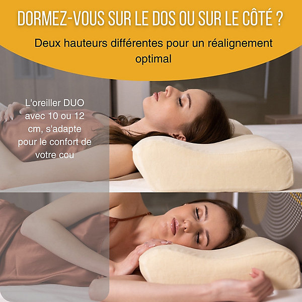 Oreiller ergonomique cervical - deux hauteurs différentes - taie d'oreiller en coton - DUO PREMIUM