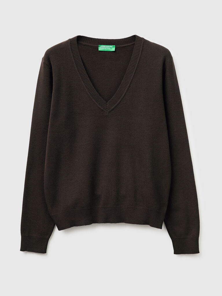 Brown V-neck sweater in tricot cotton