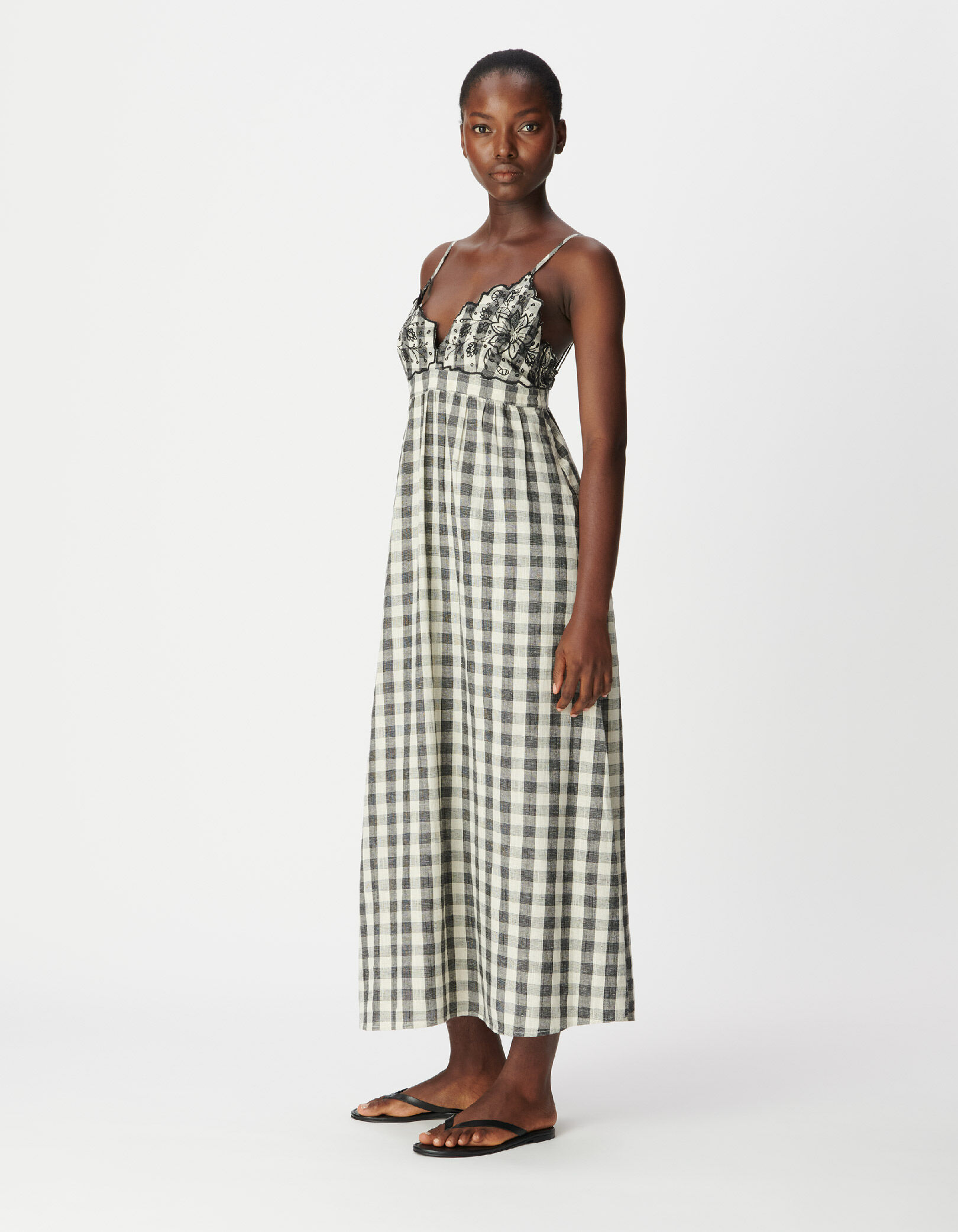 Robe longue écrue motif carreaux et broderies Femme