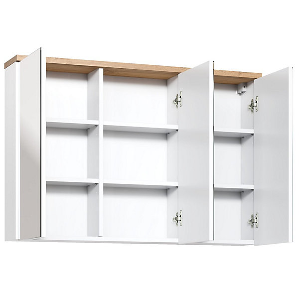 Meuble salle de bain ERMANOChene clair et blanc brillant100x69 cm3 portes miroirMeuble suspendu