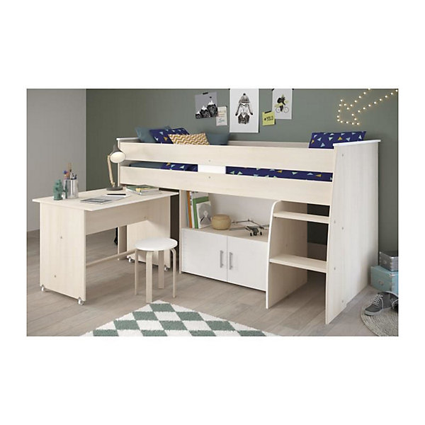 Lit combiné enfant ZOLA 90x200 cm - 2 portes - Avec bureau - Décor acacia clair et blanc - L 206,3 x H 110 x P 114/183 cm - PA