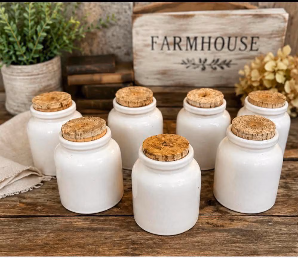 Set o 7 Vintage French White Stoneware Pantry Jars with Cork Lids