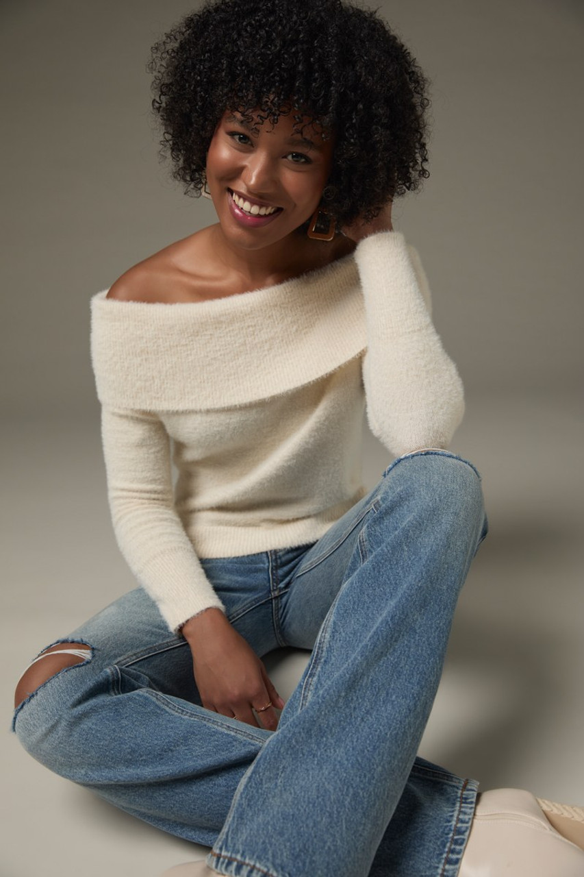 Nancy Fuzzy Off Shoulder Pullover Sweater Ivory