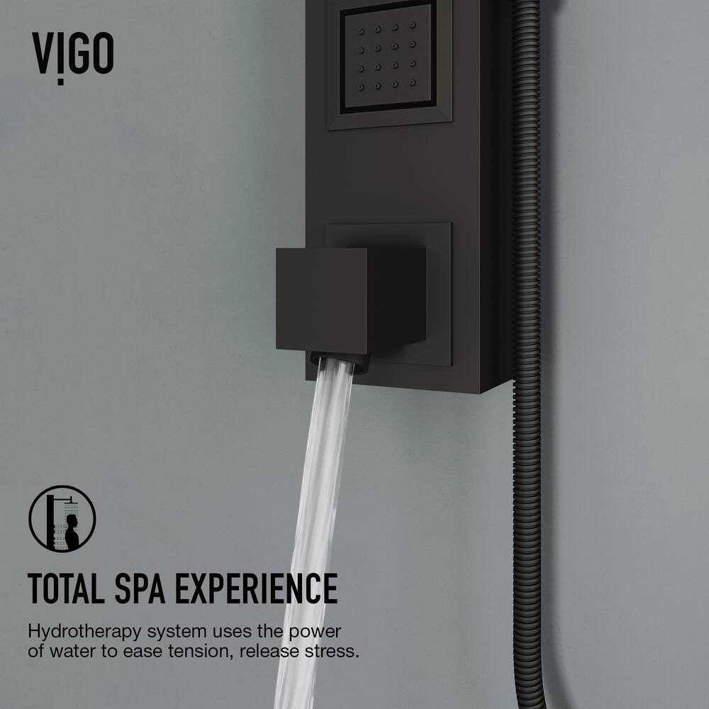 VIGO Bowery 4-Jet Shower Panel with Square Shower Head, Tub Filler and Hand Shower in Matte Black