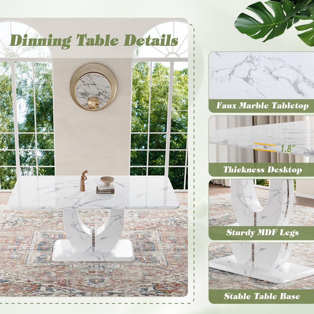 JUFU 63 Faux Marble Dining Table for 6, Modern Rectangular Kitchen & Dining Room Table, White Marble-Look MDF Top with U-Shaped Pedestal Base, Easy to Assemble