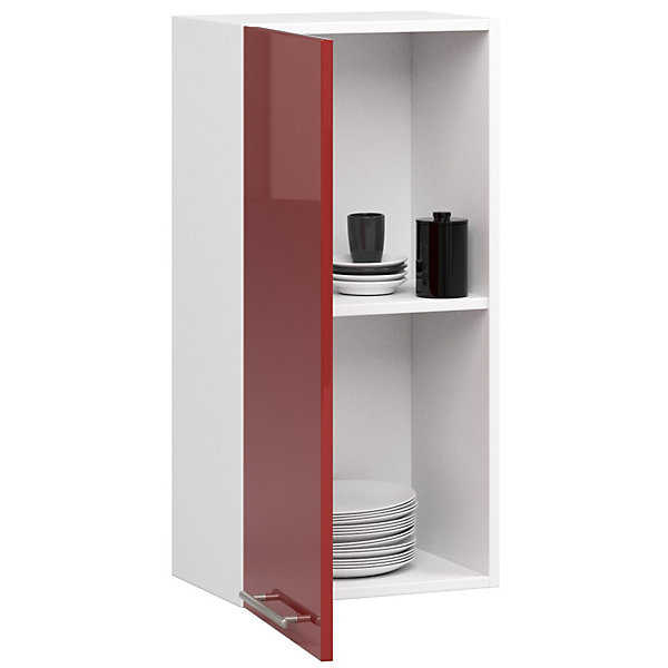 Meuble de cuisine suspendue : 1 porte, 2 étagères, blanc / rouge brillant, 40 x 72 x 30 cm