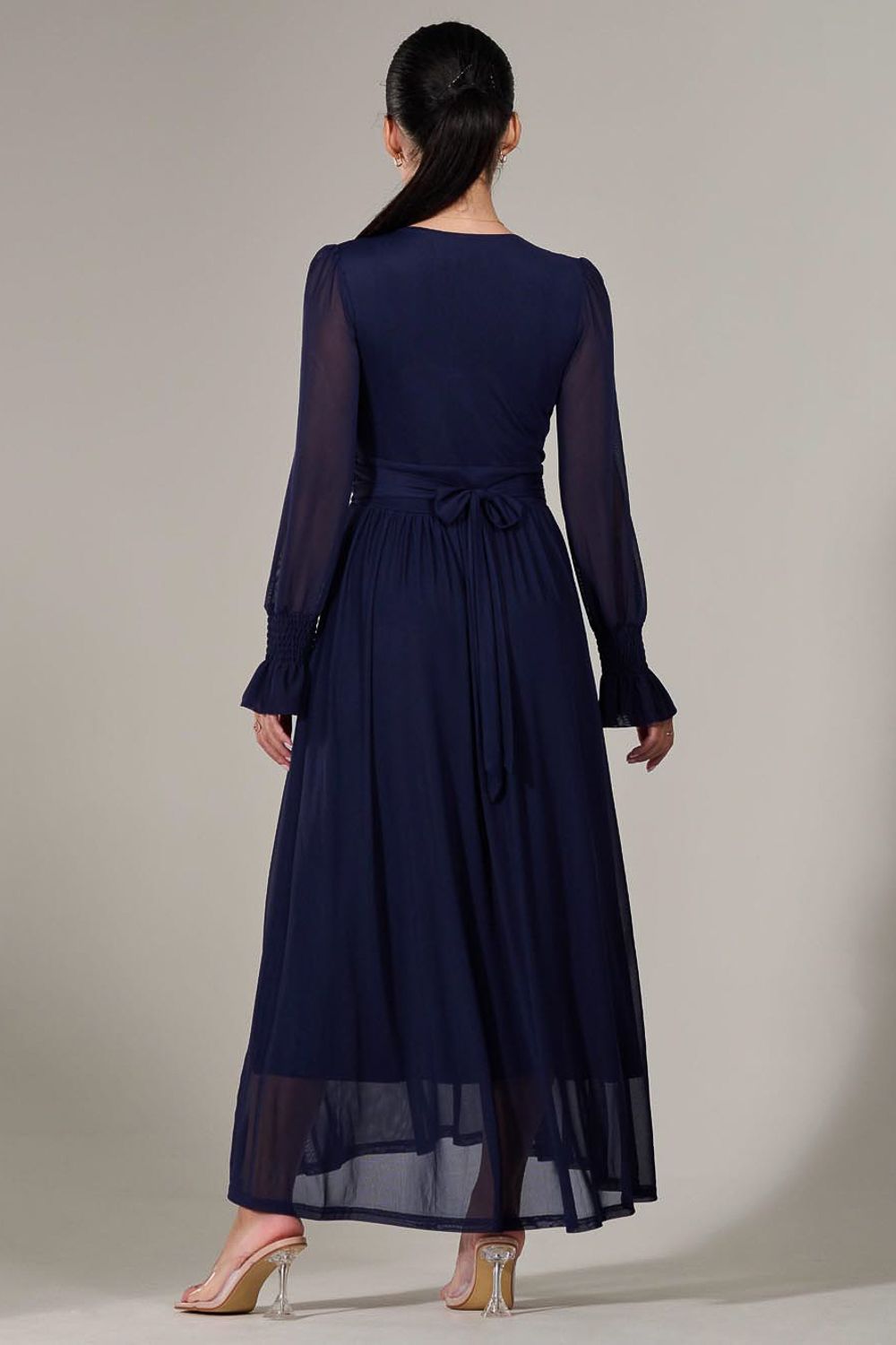 Jolie Moi Petite Long Sleeve Mesh Maxi Dress