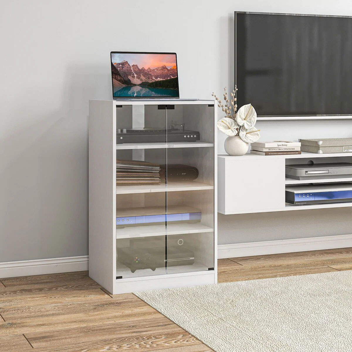 HOMCOM Media Cabinet, 4-Tier Stereo Cabinet, Modern Audio Video Media Stand with Adjustable Shelves, Tempered Glass Doors