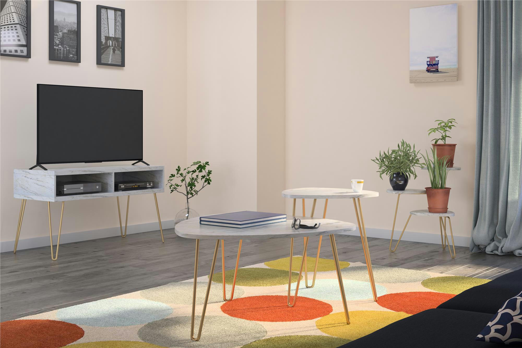 ATHENA - Tables gigognes en PVC stratifié panneaux de particules blanc Marbre