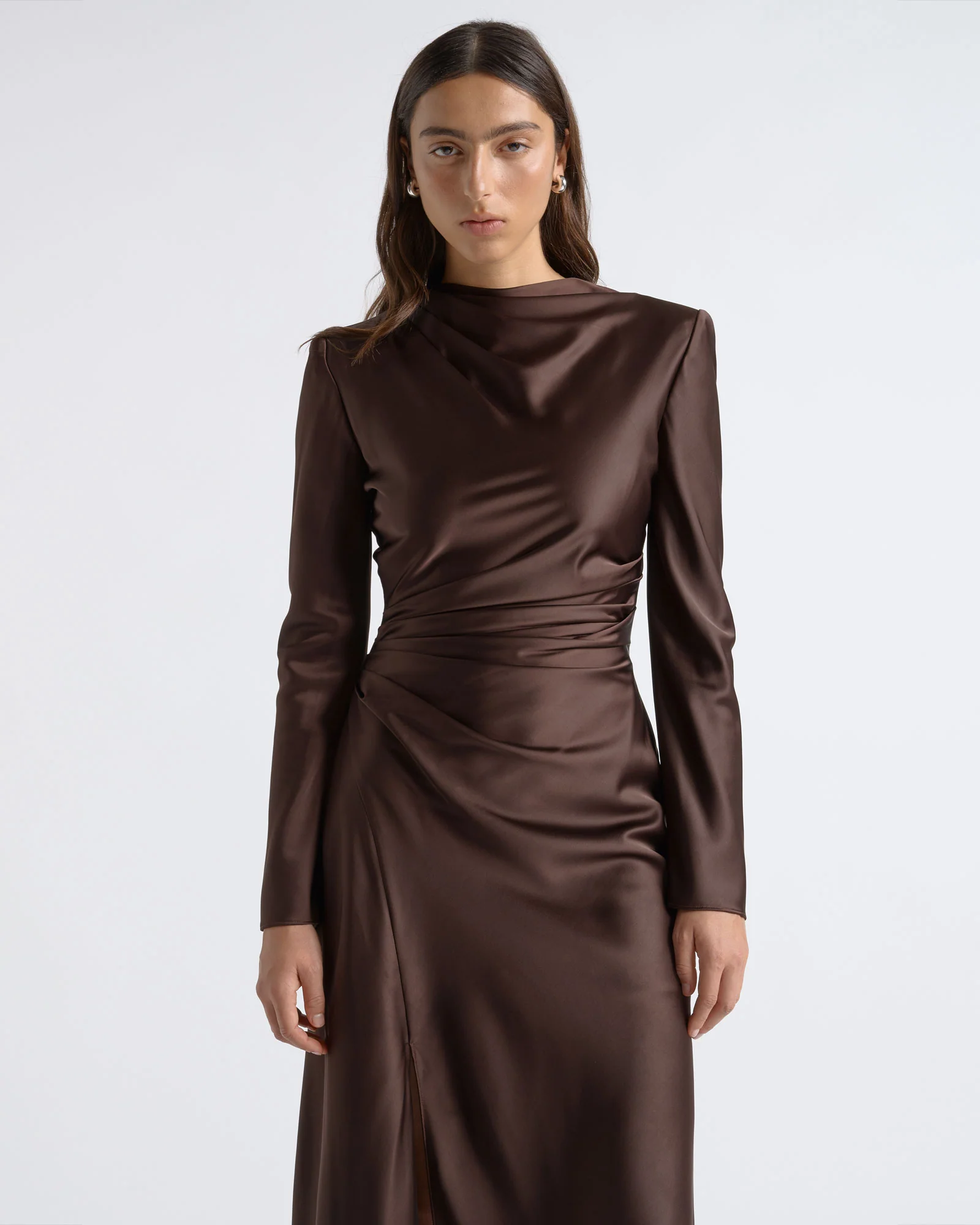 Matte Satin Viscose Gathered Midi Dress