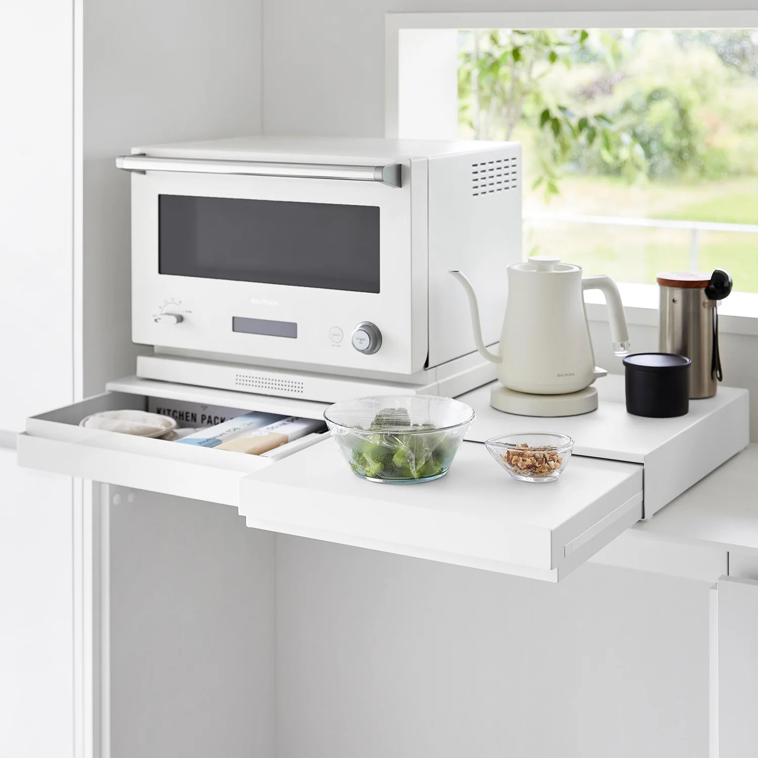 リバーシブルキッチン家電下スライドテーブル&引き出し タワー W80